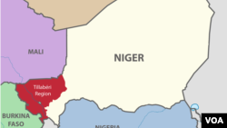 FILE - A map showing the southern portion of Niger and surrounding countries, with Niger's Tillaberi region highlighted.