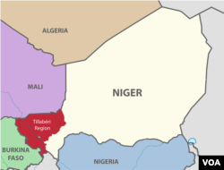 A map of Niger and surrounding countries, with Niger's Tillaberi region highlighted.