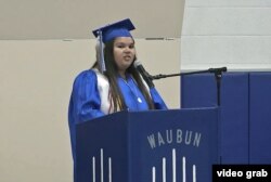 Deondra Jackson speaks at her graduation at Waubun-Ogema school in Waubun, Minnesota.