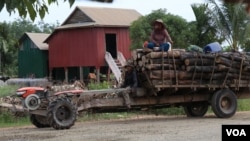 Villagers sat on a two-wheeled tractor to transport logs from a nearby forest, Kampong Thom province, Cambodia, August 28, 2018. (Sun Narin/VOA)