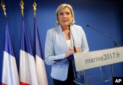 France 2016 US Election: French far-right leader Marine le Pen makes a statement on the presidential election in the United States of America, Wednesday Nov. 9, 2016 in Nanterre, outside Paris. A French outsider with an anti-system agenda, far-right leader Marine Le Pen, is a candidate in France's spring presidential elections.