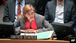 사만사 파워 유엔 주재 미국 대사가 22일 안보리 이사회에서 발언하고 있다.