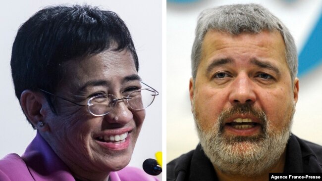 This combination of pictures shows Maria Ressa (L), co-founder and CEO of the Philippines-based news website Rappler, and Dmitry Muratov, editor-in-Chief of Russia's main opposition newspaper Novaya Gazeta.