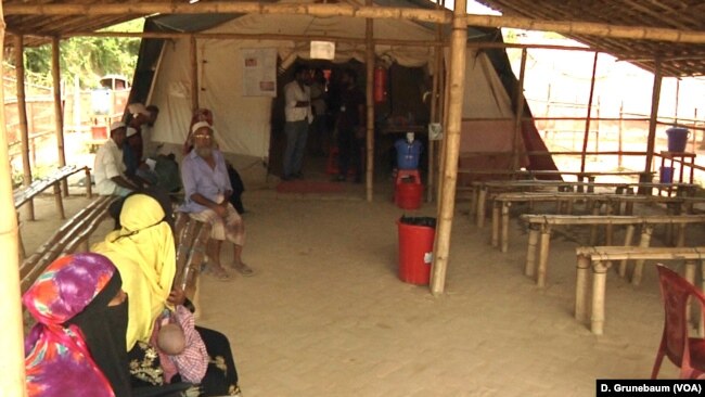 The waiting area at the outpatient clinic of a Doctors Without Borders hospital in a Rohingya refugee camp.