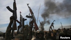 Rebel fighters hold up their rifles near a brushfire in a rebel-controlled territory in Upper Nile State, South Sudan, Feb. 13, 2014. 