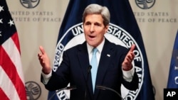 Secretary of State Kerry speaks at The United States Institute of Peace on U.S. strategy in Syria and the Middle East just before heading back to Vienna for more talks on how to resolve the crisis, Nov. 12, 2015.