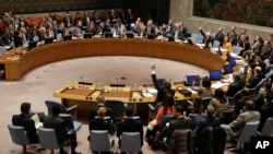 FILE - The U.N. Security Council votes on a resolution concerning North Korea, March 23, 2017. The council on April 6 condemned Pyongyang for its latest missile test.