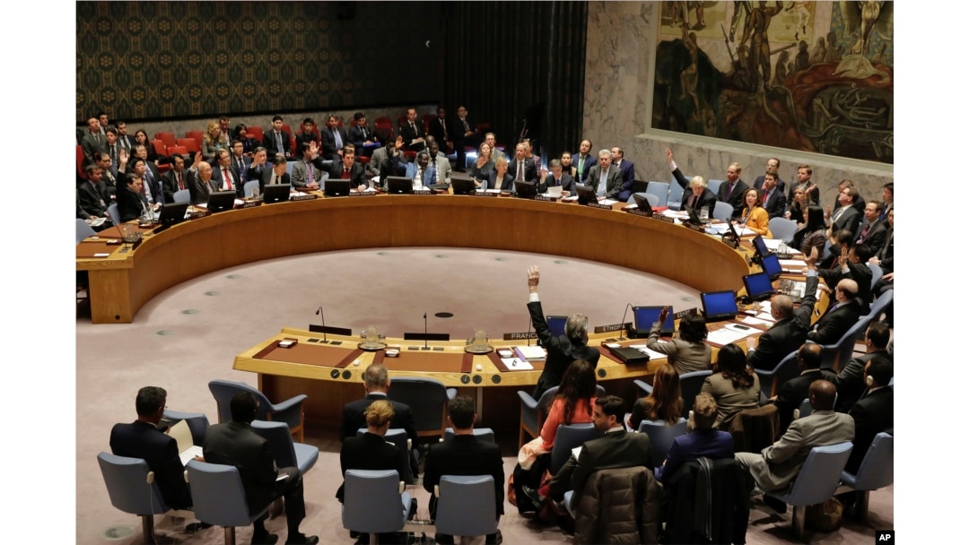FILE - The U.N. Security Council votes on a resolution concerning North Korea, March 23, 2017. The council on April 6 condemned Pyongyang for its latest missile test.