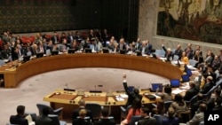FILE - The U.N. Security Council votes on a resolution concerning North Korea, March 23, 2017. The council on April 6 condemned Pyongyang for its latest missile test.