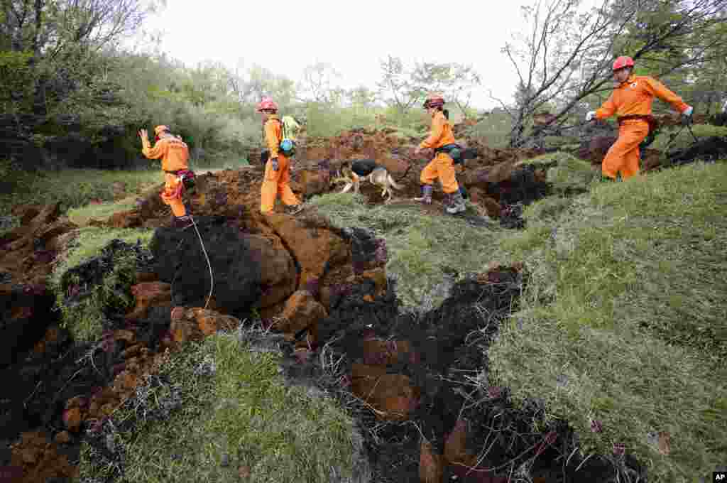 Rescuers and a search dog check the damage around a landslide area caused by earthquakes in Minamiaso, Kumamoto prefecture, Japan, April 17, 2016.