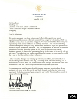 Surat Presiden AS Donald Trump untuk Pemimpin Korea Utara, Kim Jong-un, tentang pembatalan rencana KTT (Foto: dok).