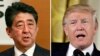 FILE - This combination of file photos shows Japanese Prime Minister Shinzo Abe, left, in Tokyo, May 1, 2017, and U.S. President Donald Trump in Washington, July 27, 2017.