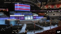 The stage stands ready for the start of the Democratic National Convention at the Wells Fargo Center in Philadelphia, July 22, 2016. The convention is scheduled to convene on Monday.