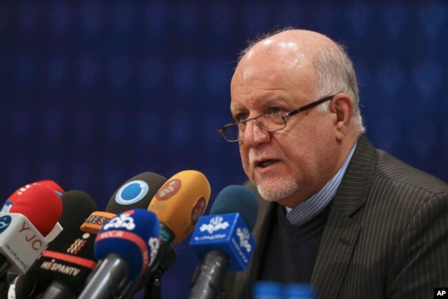 FILE - Iran's Oil Minister Bijan Zanganeh speaks during a press conference in Tehran, Iran, Feb. 4, 2018.