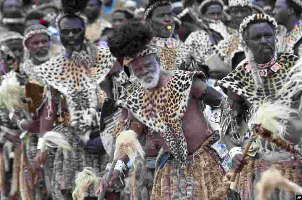 Members of the Shembe Church wearing leopard skins during their dance celebrations at eBuhleni, near Durban, South Africa. At least 1,200 men in ceremonial attire have danced at a mainly Zulu gathering wearing a mix of hides of&nbsp;illegally hunted leopards and Chinese-made, spotted capes designed by conservationists to reduce demand for the real thing.&nbsp;