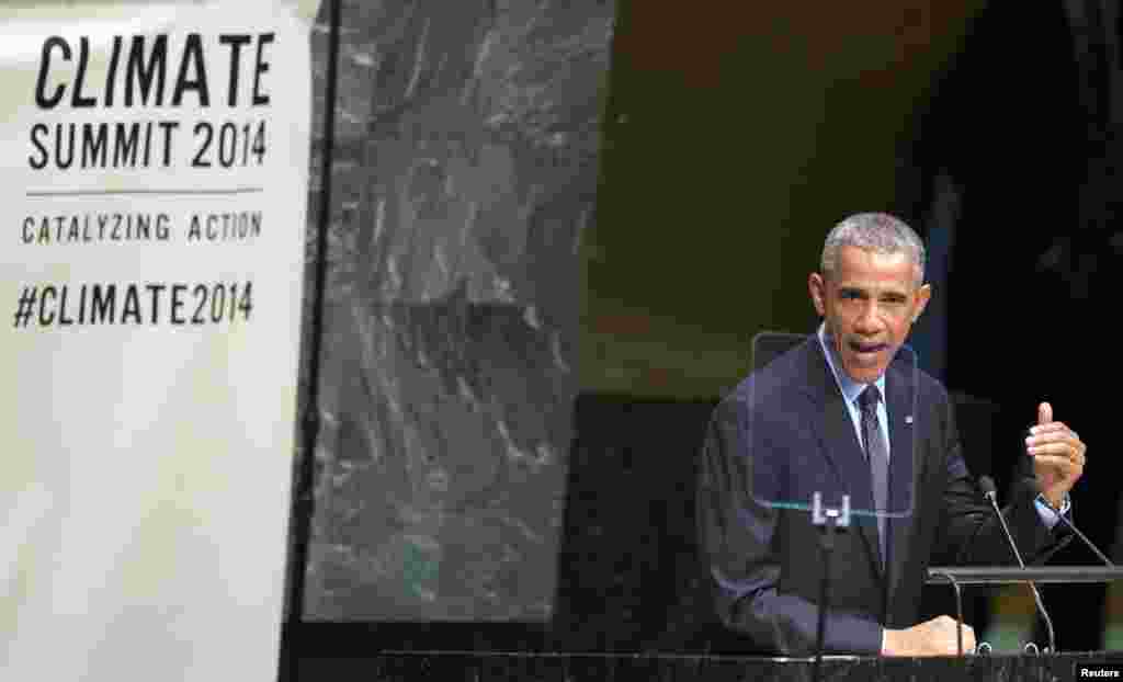 U.S. President Barack Obama speaks during Climate Summit at the U.N. headquarters in New York September 23, 2014. REUTERS/Adrees Latif (UNITED STATES - Tags: POLITICS ENVIRONMENT) - RTR47EW2