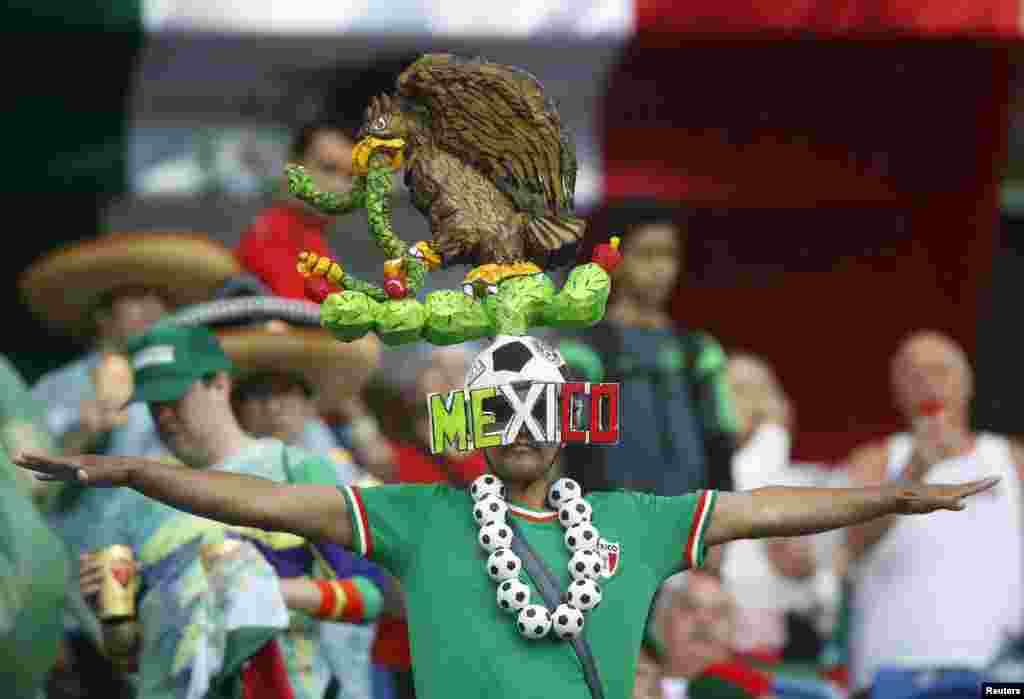 Penggemar tim Meksiko dalam pertandingan antara Meksiko dan Kamerun (13/6).&nbsp;(Reuters/Toru Hanai)