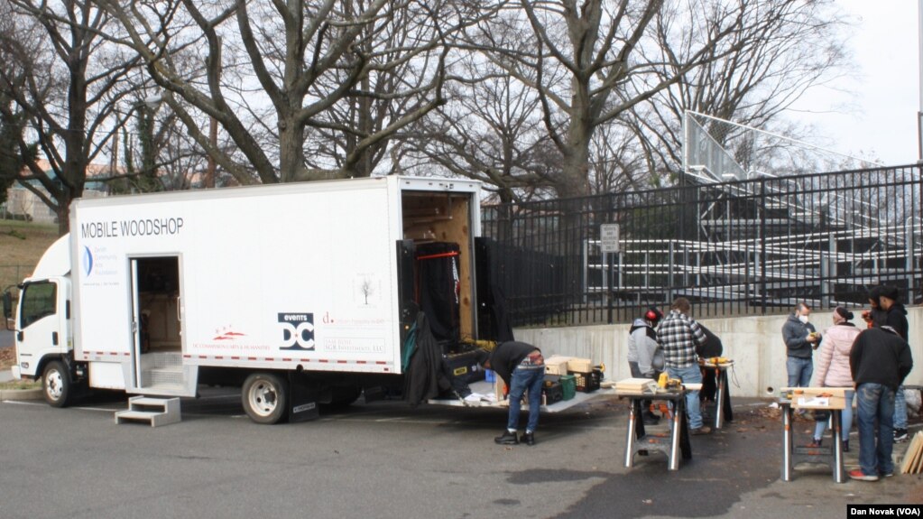 Outside the mobile woodshop at Ballou Stay Opportunity Academy in Washington, D.C.