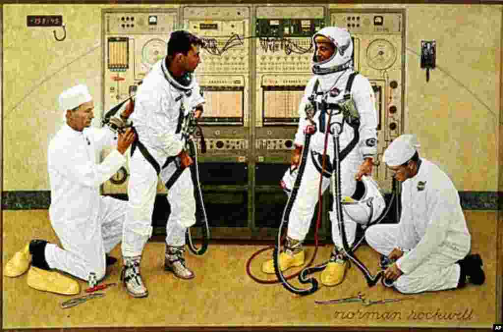 宇航员约翰.杨(John Young)和格斯.格里森(Gus Grissom)1965年3月被着装准备开始“双子座计划”首次登月历程。其中的格里森已于1967年1月27日在阿波罗1号的一次例行测试中因舱内大火牺牲,享年不足41岁。