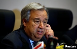 U.N. Secretary-General Antonio Guterres addresses a news conference on the sides of the 28th Ordinary Session of the Assembly of the Heads of State and the Government of the African Union in Ethiopia's capital Addis Ababa, Jan 30, 2017.