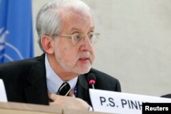 FILE - Independent investigator on war crimes in Syria Paulo Pinheiro addresses U.N. Human Rights Council in Geneva, March 17, 2015.