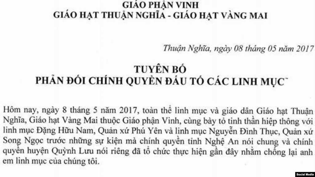 Bản tuyên bố phản đối việc chính quyền tổ chức các cuộc biểu tình và đấu tố linh mục Đặng Hữu Nam và linh mục Nguyễn Văn Thục.