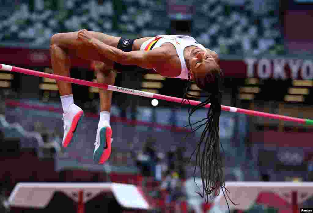Nafissatou Thiam of Belgium competes in the heptathlon high jump at the 2020 Summer Olympics in Tokyo, Japan.