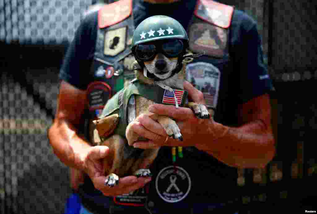 A man holds his dog, as participants gather in the parking lot of the Pentagon as thousands of military veterans and their supporters participate in the 31st annual Rolling Thunder motorcycle rally and Memorial Day weekend &quot;Ride for Freedom&quot; motorcycle procession in Washington, May 27, 2018.
