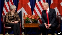 President Donald Trump meets with British Prime Minister Theresa May at the Palace Hotel during the United Nations General Assembly, Sept. 20, 2017, in New York. 