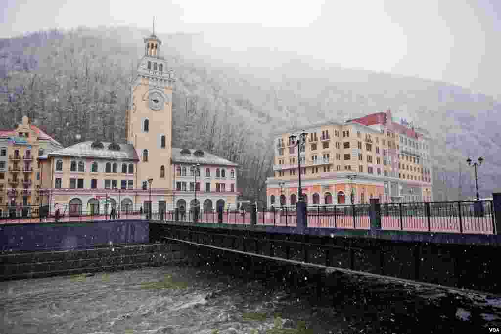 At the base of the brand new Rosa Khutor ski area, a faux Alpine village has been built in the last 1,000 days, complete with a German-style “Rathaus” or town hall. (V. Undritz for VOA)