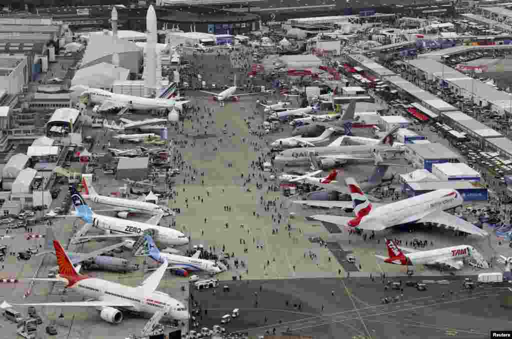 An aerial view of the 50th Paris Air Show, at the Le Bourget airport near Paris, France.