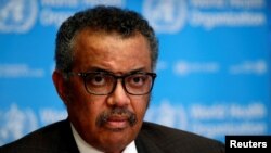 世界卫生组织总干事谭德塞（Tedros Adhanom Ghebreyesus）于2020年2月28日在瑞士日内瓦出席关于新型冠状病毒情况的新闻发布会。