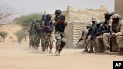 FILE - Nigerien special forces and Chadian troops participate with U.S. advisers in the Flintlock exercise in Mao, Chad, March 7, 2015.