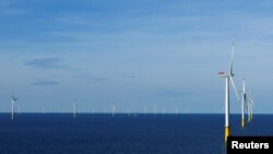 FILE - A general view of the DanTysk wind farm, 90 kilometers west of Esbjerg, Denmark, Sept. 21, 2016. 