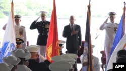 U.S. Pacific Command head Admiral Harry Harris (L); General Joe Dunford, Chairman of the Joint Chiefs of Staff (2nd L); Defense Secretary Jim Mattis and Admiral John Richardson (R) attend a change of command ceremony in Pearl Harbor, Hawaii, May 30, 2018