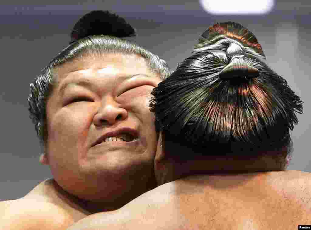 Sumo wrestlers compete during the annual &#39;Honozumo&#39; ceremonial sumo tournament dedicated to the Yasukuni Shrine in Tokyo, Japan.