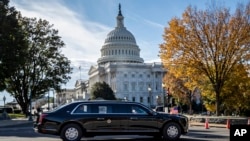 President Donald Trump's motorcade leaves Capitol Hill after a ceremony for new Associate Justice Brett Kavanaugh at the Supreme Court, in Washington, Nov. 8, 2018.