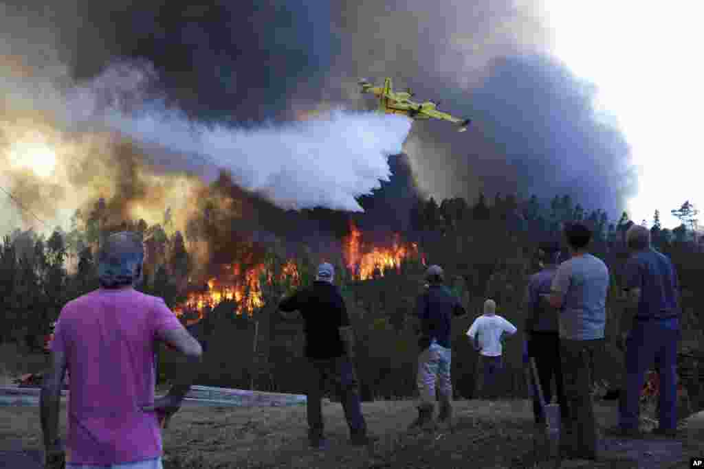 Villagers watch a firefighting plane drop water to stop a raging forest fire reaching their houses just a few dozen meters away in the village of Chao de Codes, near Macao, central Portugal.