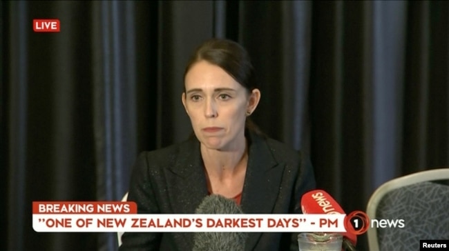 New Zealand's Prime Minister Jacinda Ardern speaks on live television following fatal shootings at two mosques in central Christchurch, New Zealand March 15, 2019, in this still image taken from video.