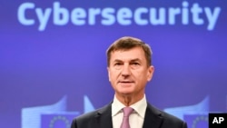 EU Commissioner for the Digital Single Market Andrus Ansip addresses the media in EU's response to cyberattacks, at EU headquarters in Brussels, Sept. 19, 2017. 