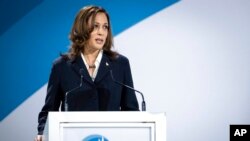Vice President Kamala Harris speaks during the Paris Peace Forum, Nov. 11, 2021 in Paris. The forum focuses on gaps in global health, post-COVID recovery and looking ahead for new principles of action for the post-COVID world.