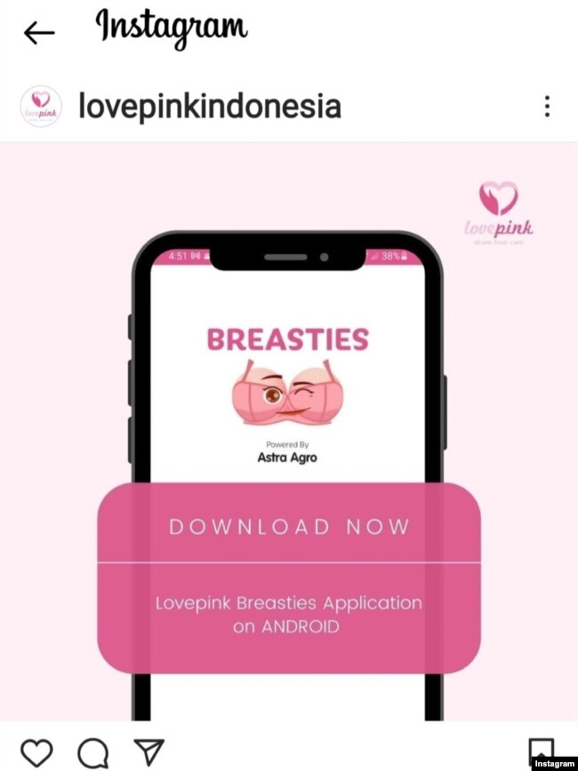 "Lovepink" akhir Oktober 2021 meluncurkan aplikasi Android 'Lovepink Breasties' dengan konten yang telah diremajakan,. Aplikasi ini memberi 'reminder' bagi para perempuan Indonesia untuk melakukan Pemeriksaan Payudara Sendiri (SADARI).
