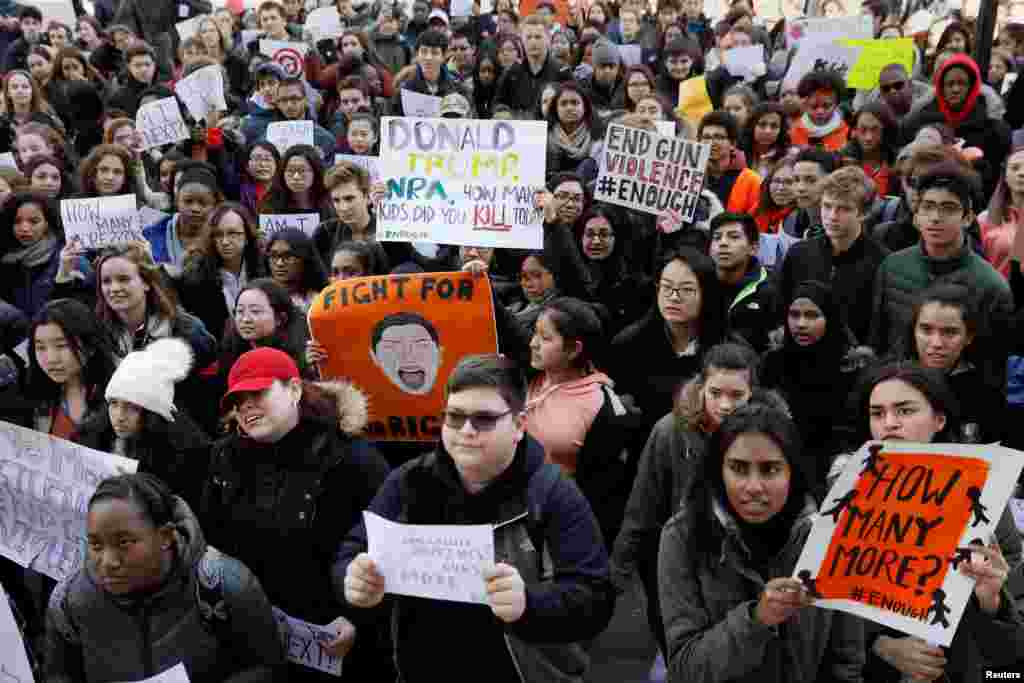 Students participate in a march in support of the National School Walkout in the Queens borough of New York City, New York, March 14, 2018. 