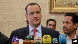 FILE - U.N. special envoy to Yemen, Ismail Ould Cheikh Ahmed speaks at a press conference in Sana'a, Yemen, Jan. 10, 2016.