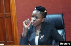 Justice Wilfrida Okwany addresses a court session after she temporarily lifted a ban on "Rafiki" - "Friend" in Swahili, at the Mililani Law Courts in Nairobi, Kenya, Sept. 21, 2018.