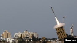 An Iron Dome launcher fires an interceptor rocket, Ashdod, Israel, November 16, 2012.