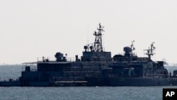 FILE - South Korea's navy ships are anchored near the Yeonpyeong Island, South Korea.