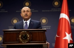 FILE - Turkey's Foreign Minister Mevlut Cavusoglu speaks during a news conference in Ankara, Turkey, June 5, 2017.