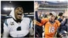 From left, Carolina Panthers' Cam Newton celebrates after the NFL football NFC Championship game against the Arizona Cardinals, in Charlotte, N.C., and Denver Broncos quarterback Peyton Manning waves to spectators following the NFL football AFC Championsh