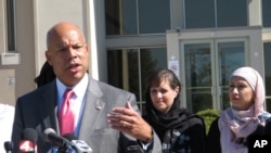FILE - After meeting with police and Muslim community representatives in Columbus, Ohio, Homeland Security Secretary Jeh Johnson talks about the need for vigilance against possible violent extremism in the United States, Sept. 24, 2014.
